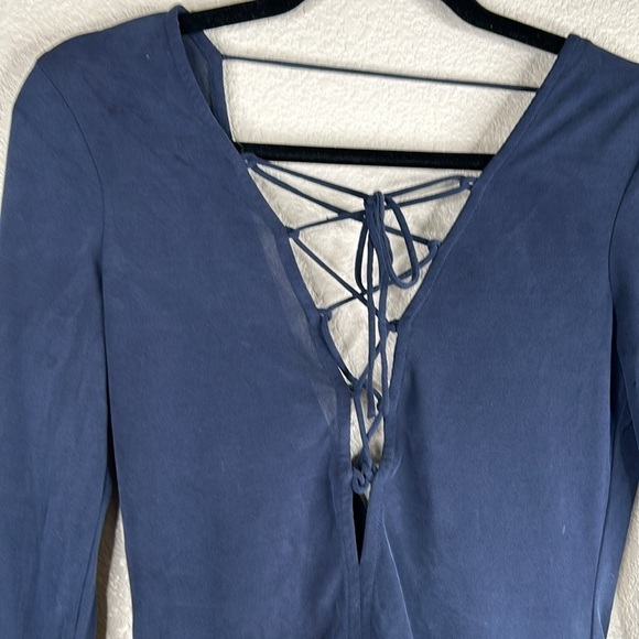 Zara Blue Front Lace Up Low Back Long Leave Bodysuit Top Size Medium - Picture 2 of 8
